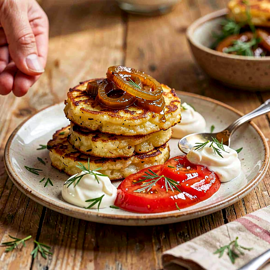 Recipe for: Potato pancakes with caramelized onions, warm tomato-dill sauce, and sour cream - photo 1