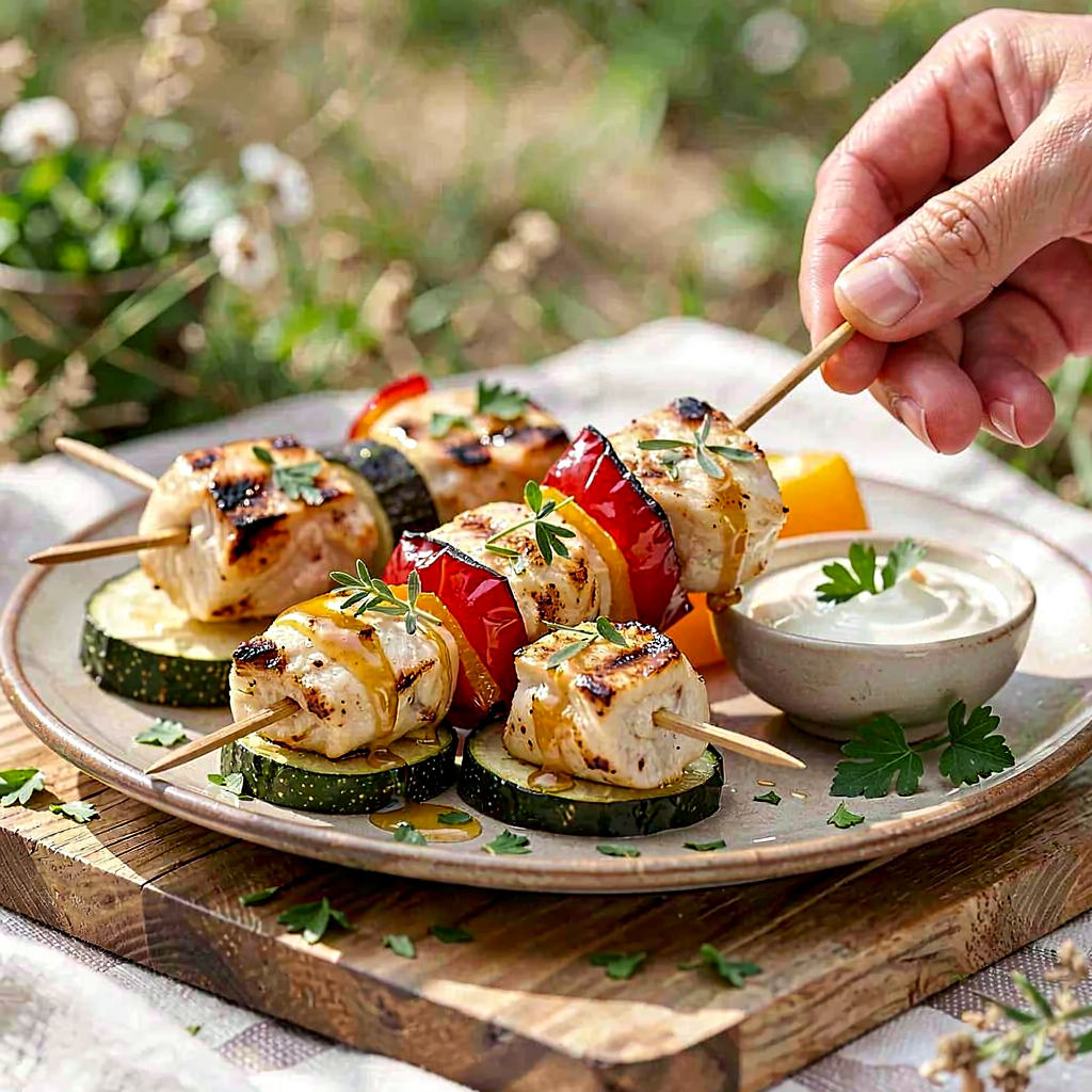 Recipe for: Mini chicken skewers with honey and thyme, zucchini and bell pepper - photo 1