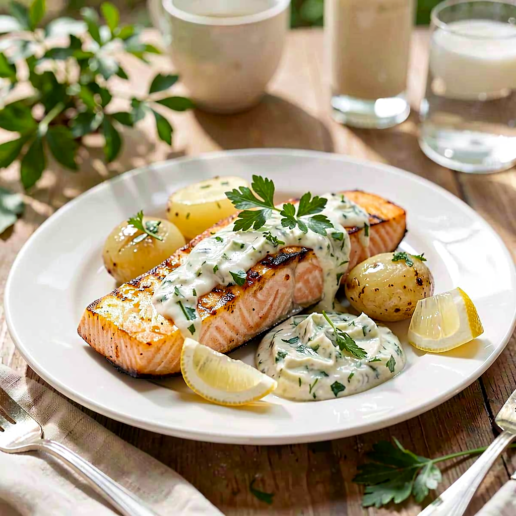 Recipe for: Grilled salmon with horseradish-parsley sauce and young potatoes - photo 1
