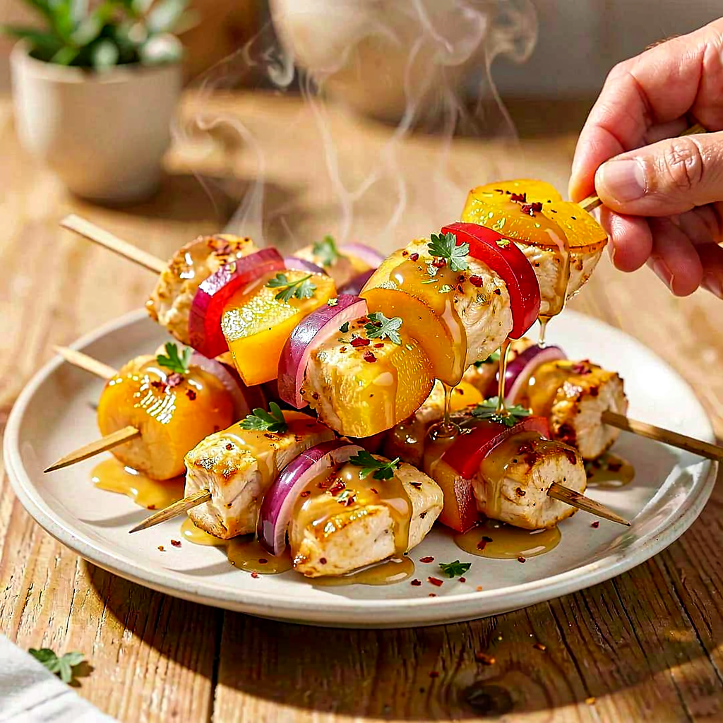 Recipe for: Chicken, Peach, and Pepper Skewers with Honey Dressing - photo 1
