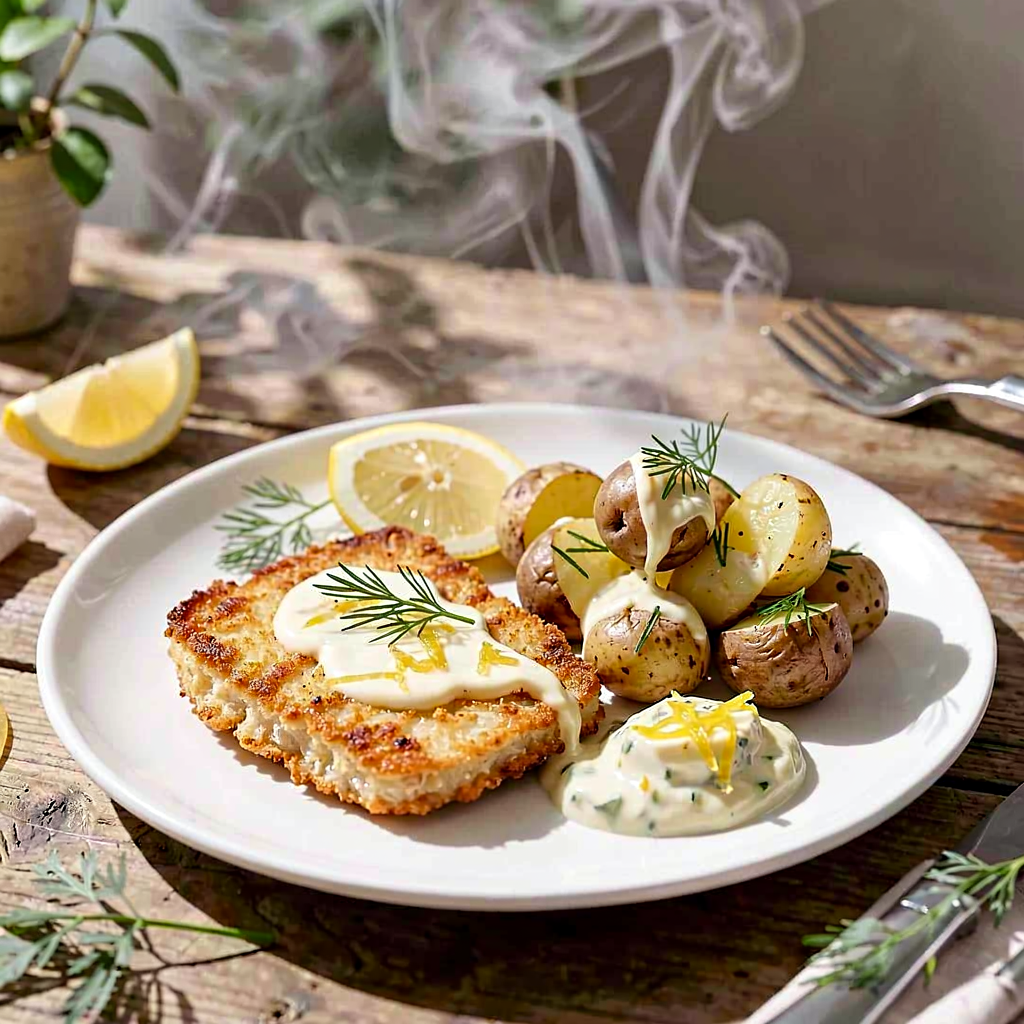 Recipe for: Grilled veal schnitzel with lemon-horseradish sauce and young potatoes - photo 1
