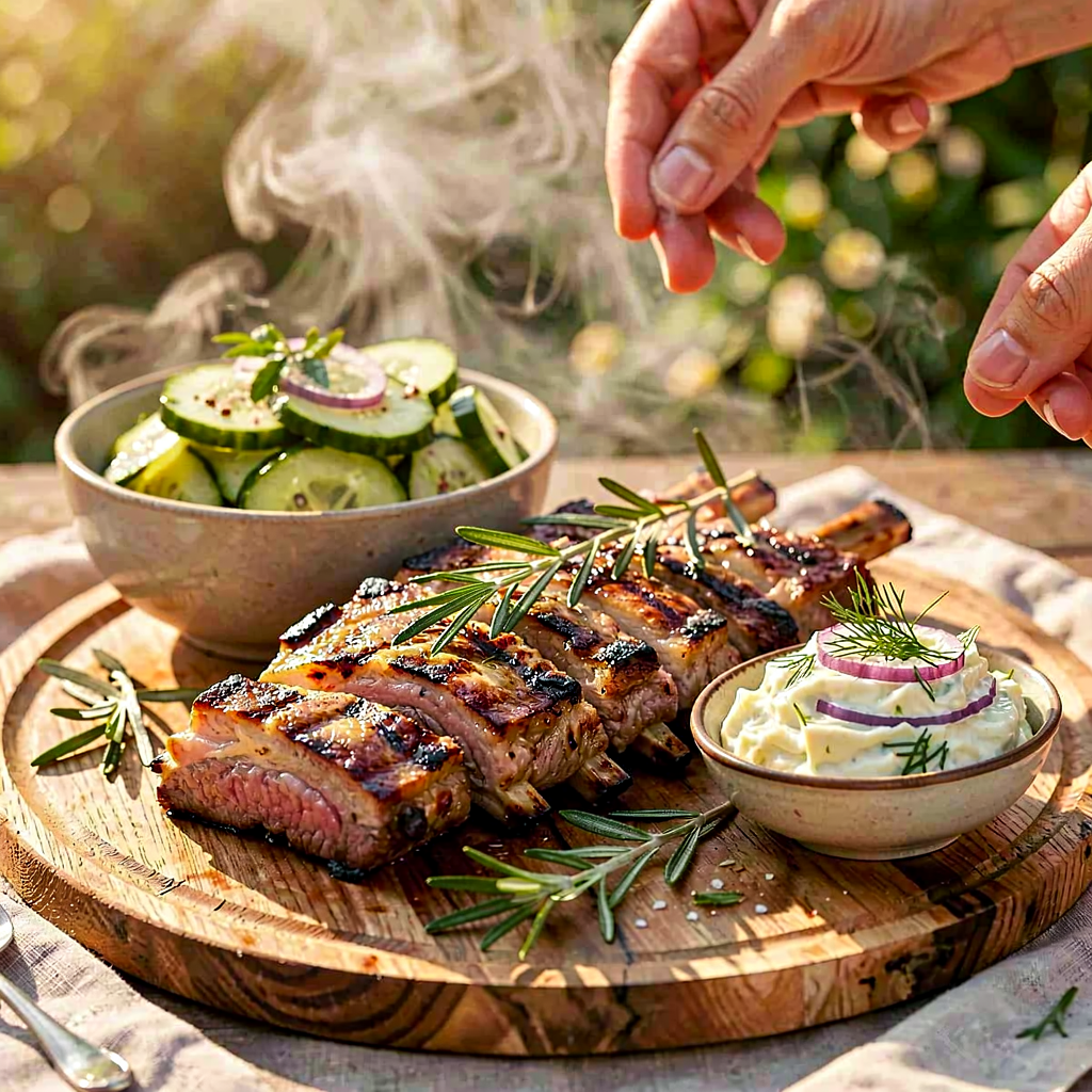 Recipe for: Grilled lamb ribs with rosemary and pickled cucumber salad - photo 1