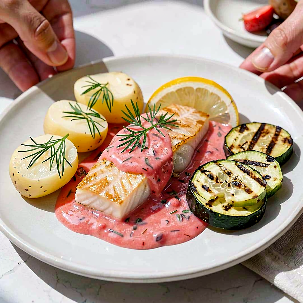 Recipe for: Sous-vide pikeperch fillet with strawberry-dill sauce, young potatoes, and grilled zucchini - photo 1