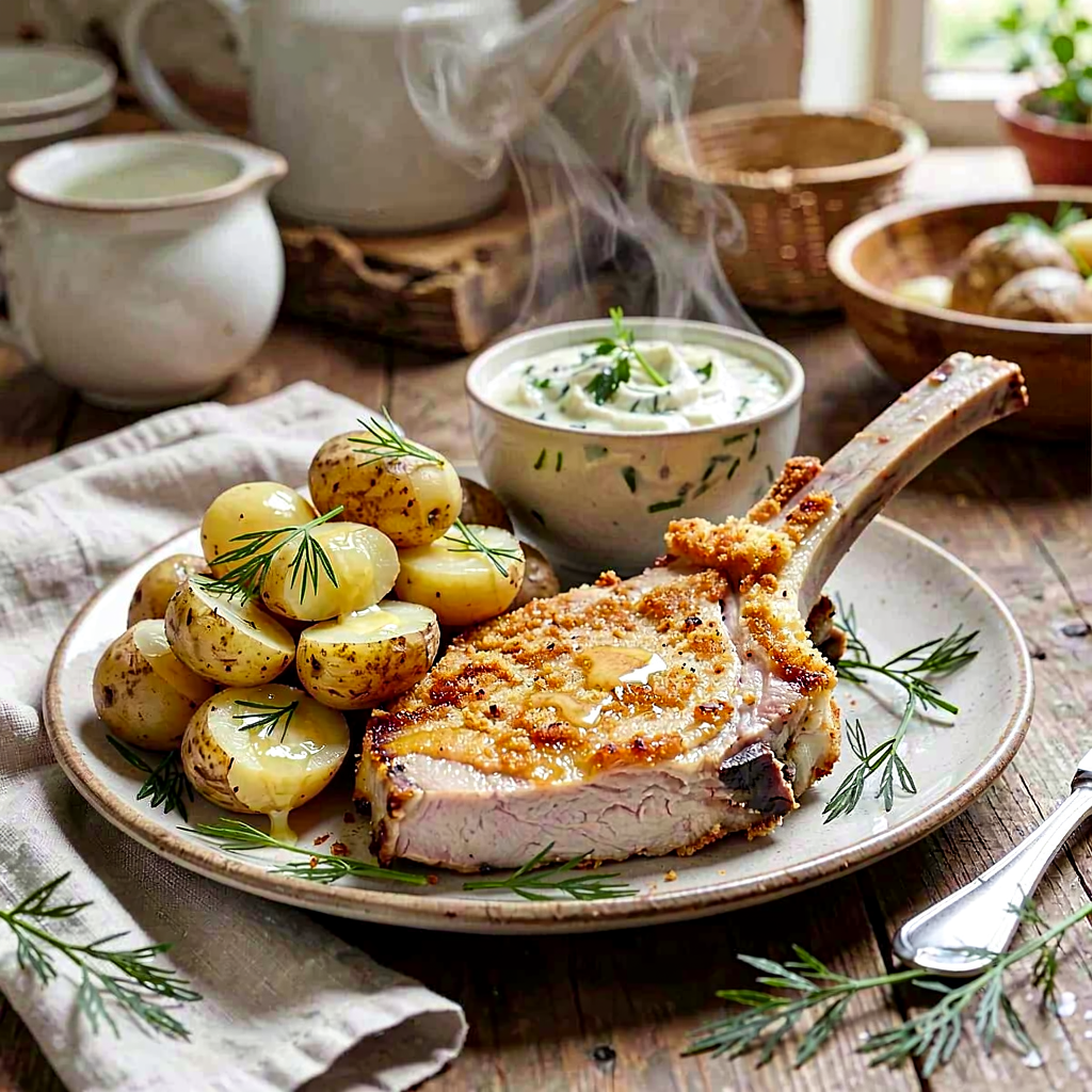 Recipe for: Pork chop with bone, young potatoes in their skins, and cucumber salad with dill - photo 1