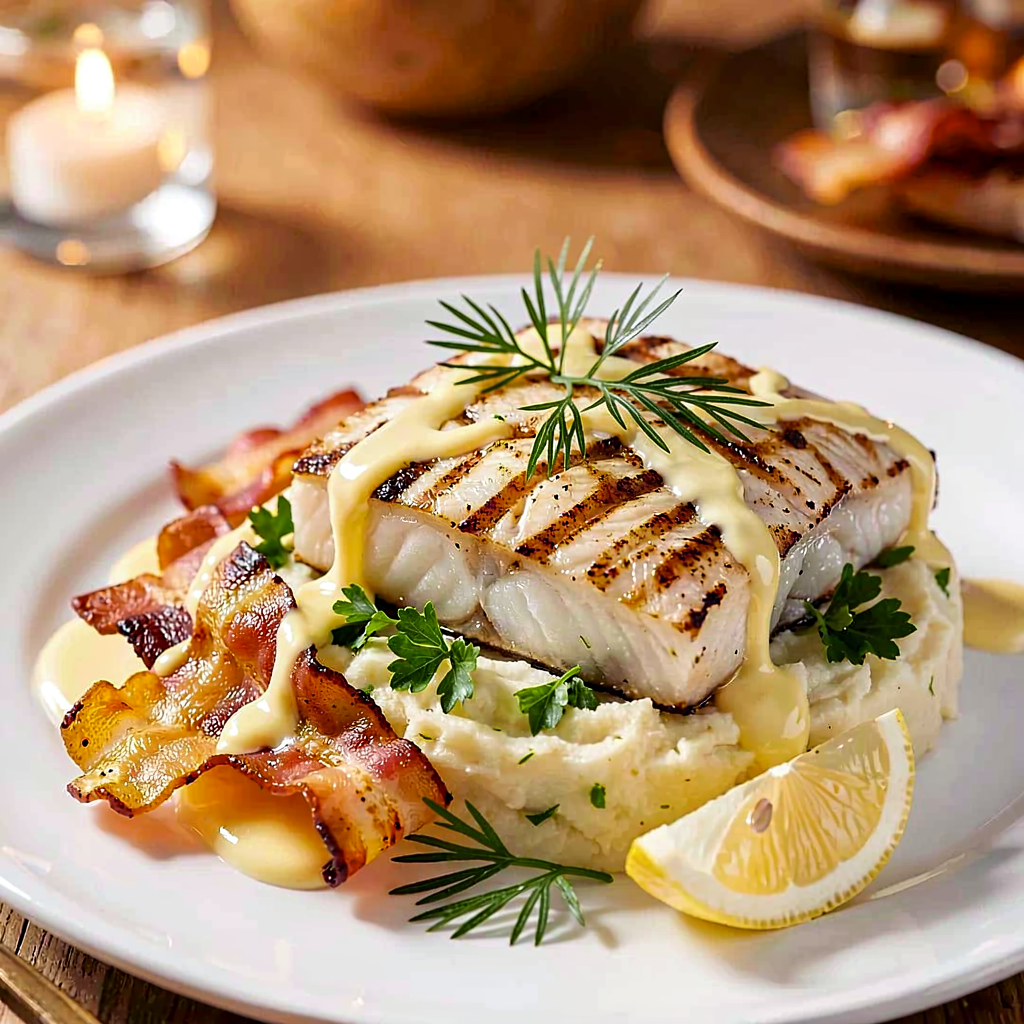 Recipe for: Grilled cod on parsley puree with crispy bacon and lemon sauce - photo 1