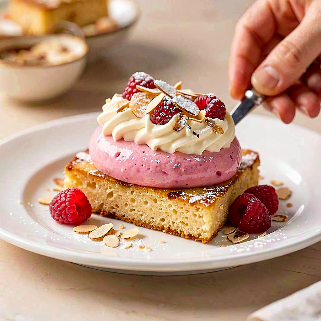 Recipe for: Raspberry sauce on warm almond cake with cream. - photo 1