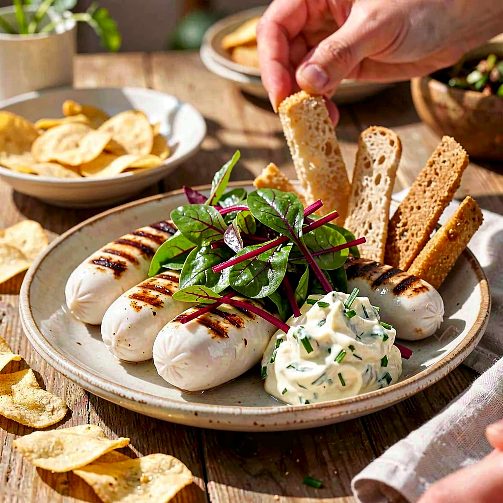 Recipe for: Grilled Easter white sausage with young beet greens, horseradish-chive remoulade, and rye bread chips - photo 1