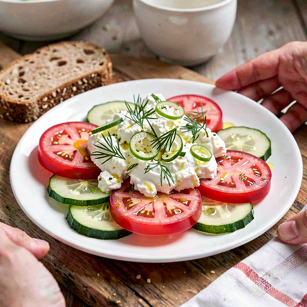 Recipe for: Salad with raspberry tomatoes and lightly salted cucumber with cottage cheese and dill - photo 1