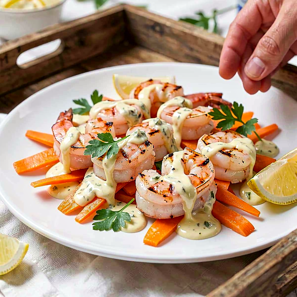 Recipe for: Grilled shrimp with garlic butter and young carrot salad with horseradish - photo 1