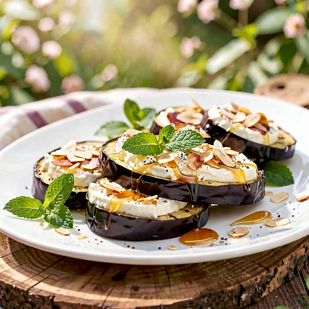 Recipe for: Grilled eggplant with cottage cheese paste, honeydew honey, and almond flakes - photo 1