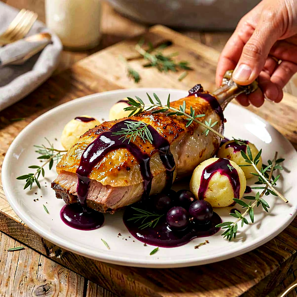 Recipe for: Duck confit with blackcurrant sauce and young potato dumplings - photo 1