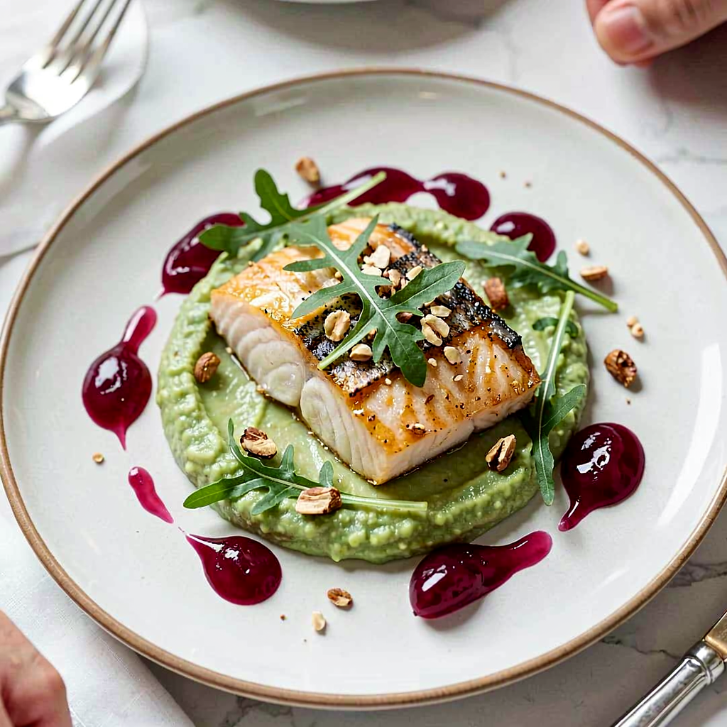 Recipe for: Trout fillet with green pea puree and cranberry sauce - photo 1