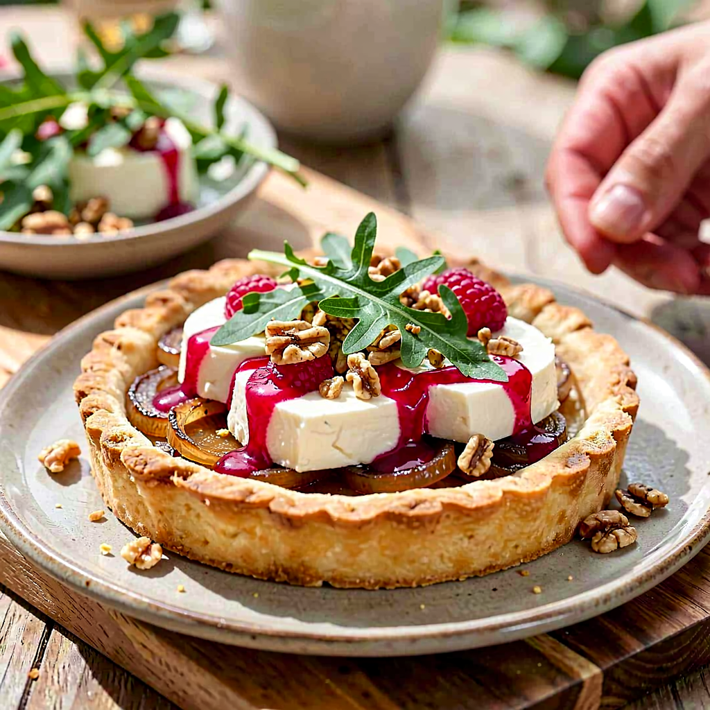 Przepis na: Tarta z kozim serem, karmelizowaną cebulką i malinowym vinaigrette - zdjęcie 1
