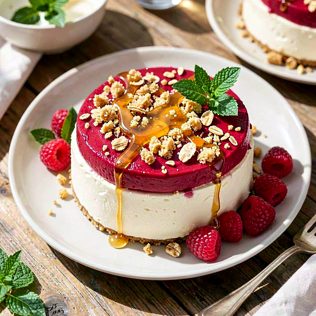 Recipe for: Summer cheesecake served cold with raspberry mousse and oat crumble - photo 1