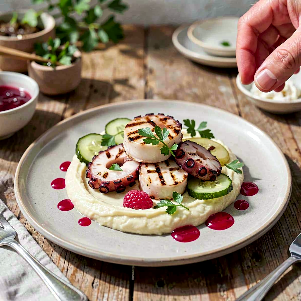 Recipe for: Grilled octopuses with celery puree, pickled cucumbers, and raspberry sauce - photo 1