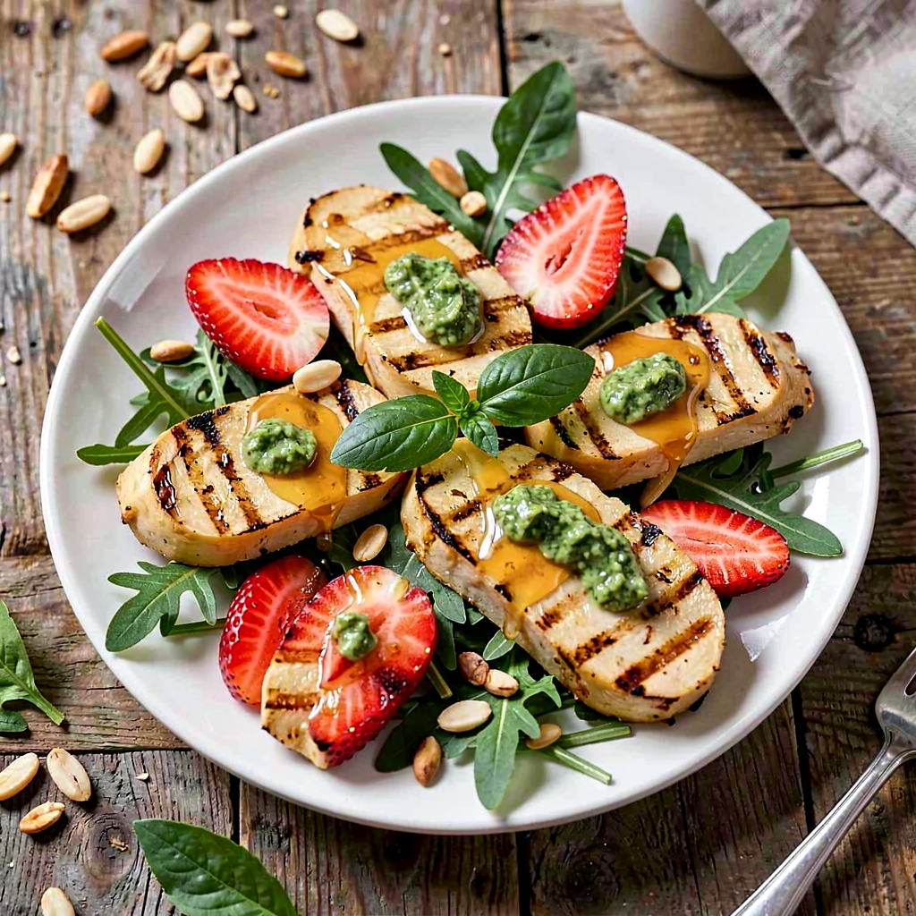 Przepis na: Grillowany oscypek z bazyliowym pesto i świeżą truskawką - zdjęcie 1