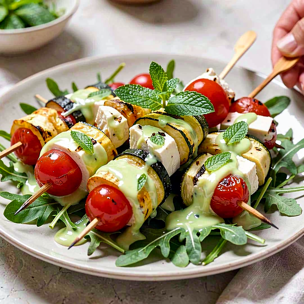 Recipe for: Grilled Zucchini Skewers with Cherry Tomatoes and Goat Cheese with Mint Dressing - photo 1
