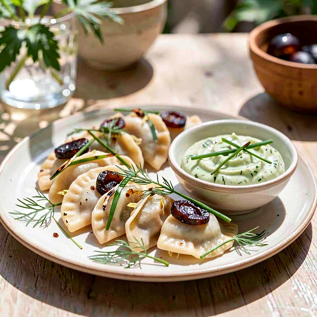 Recipe for: Mini pierogi with cabbage and dried plums with marjoram dip - photo 1