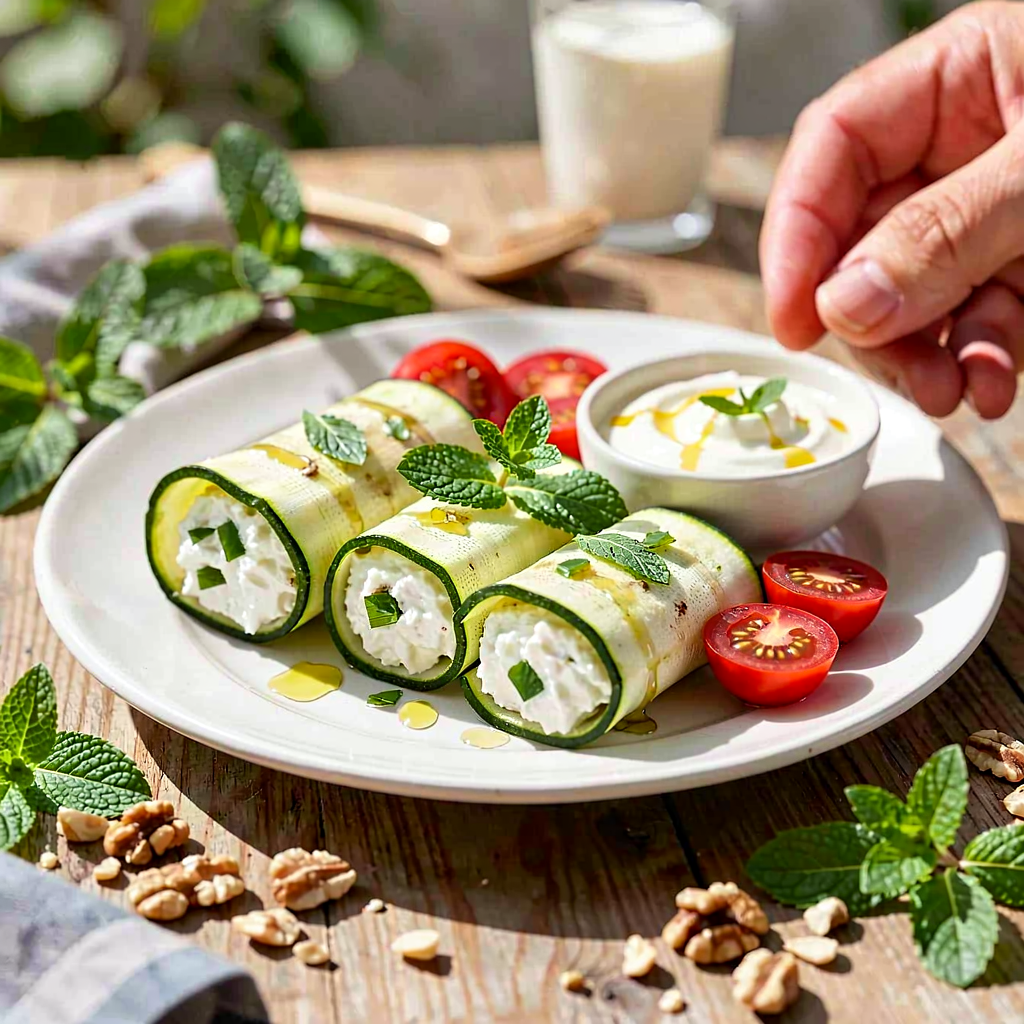 Recipe for: Zucchini rolls with cottage cheese, mint, and cherry tomatoes - photo 1