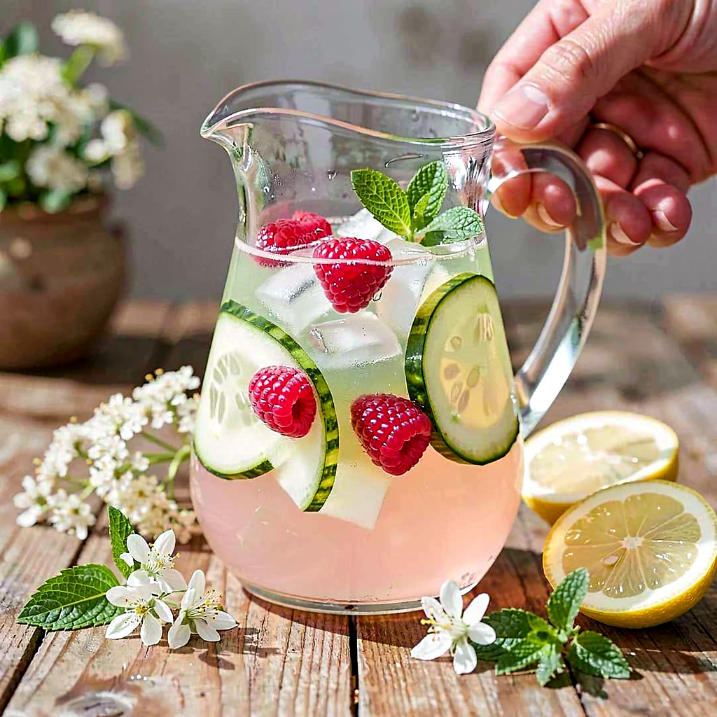 Recipe for: Elderflower, raspberry, and fresh cucumber lemonade. - photo 1