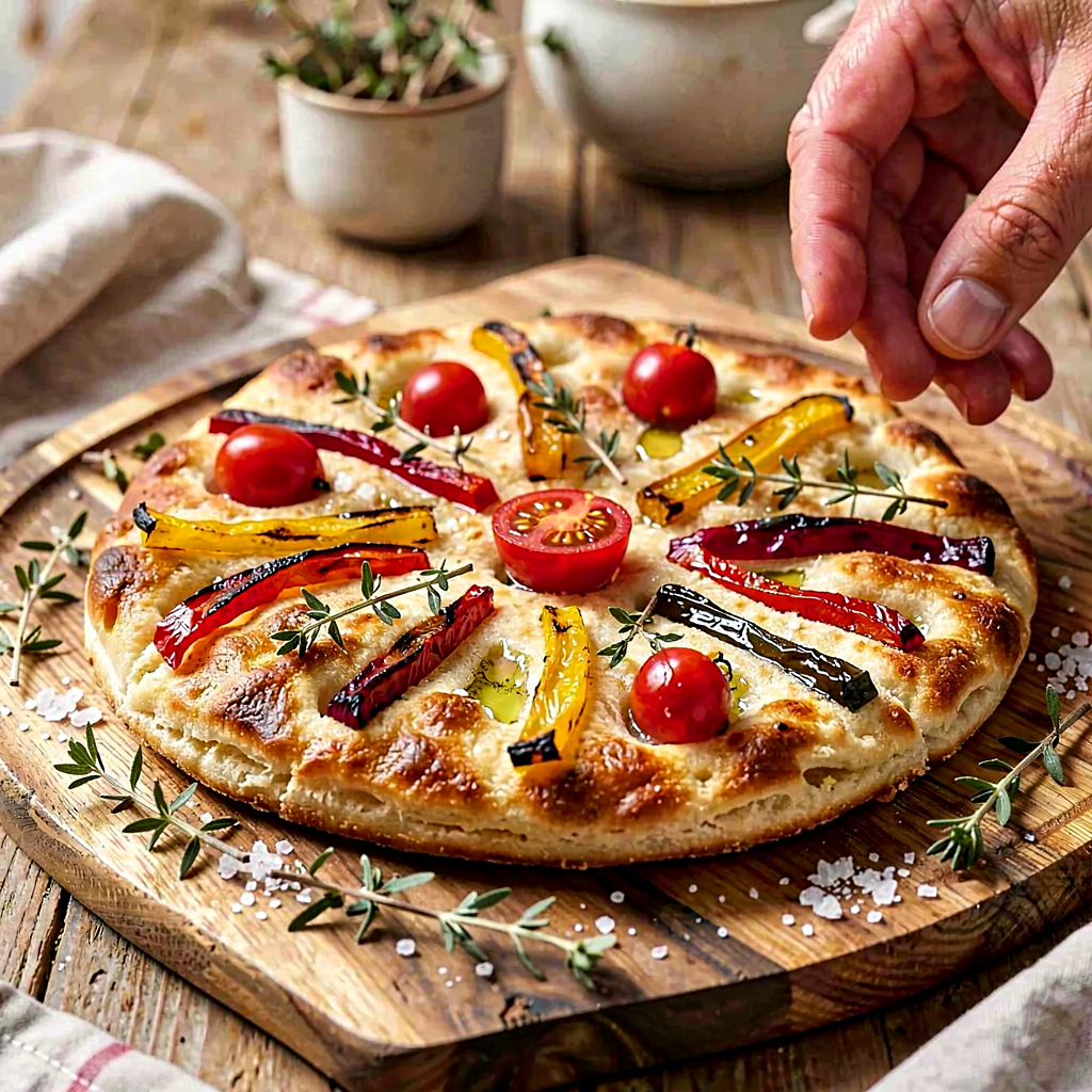 Przepis na: Focaccia mazurska z grillowaną papryką, pomidorkami i tymiankiem - zdjęcie 1
