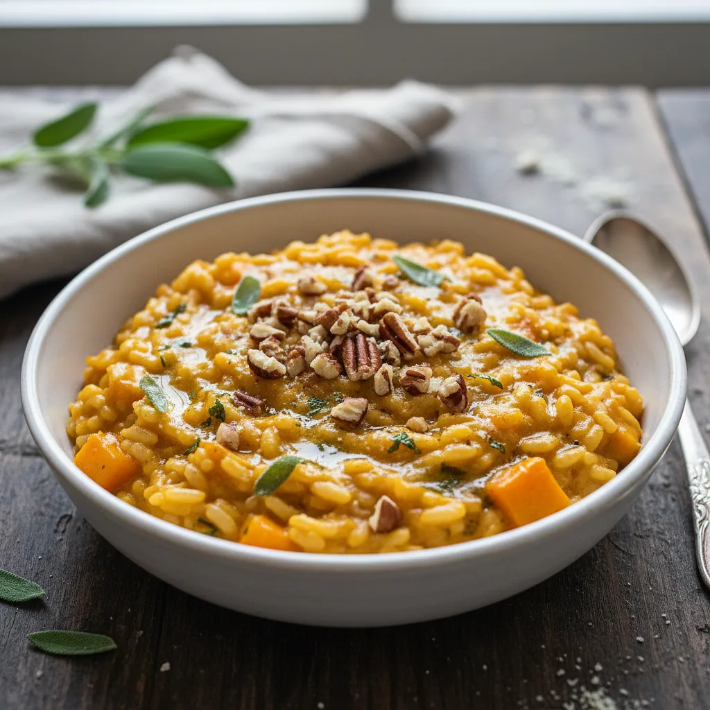 Creamy pumpkin risotto with sage butter and toasted pecans - photo 1