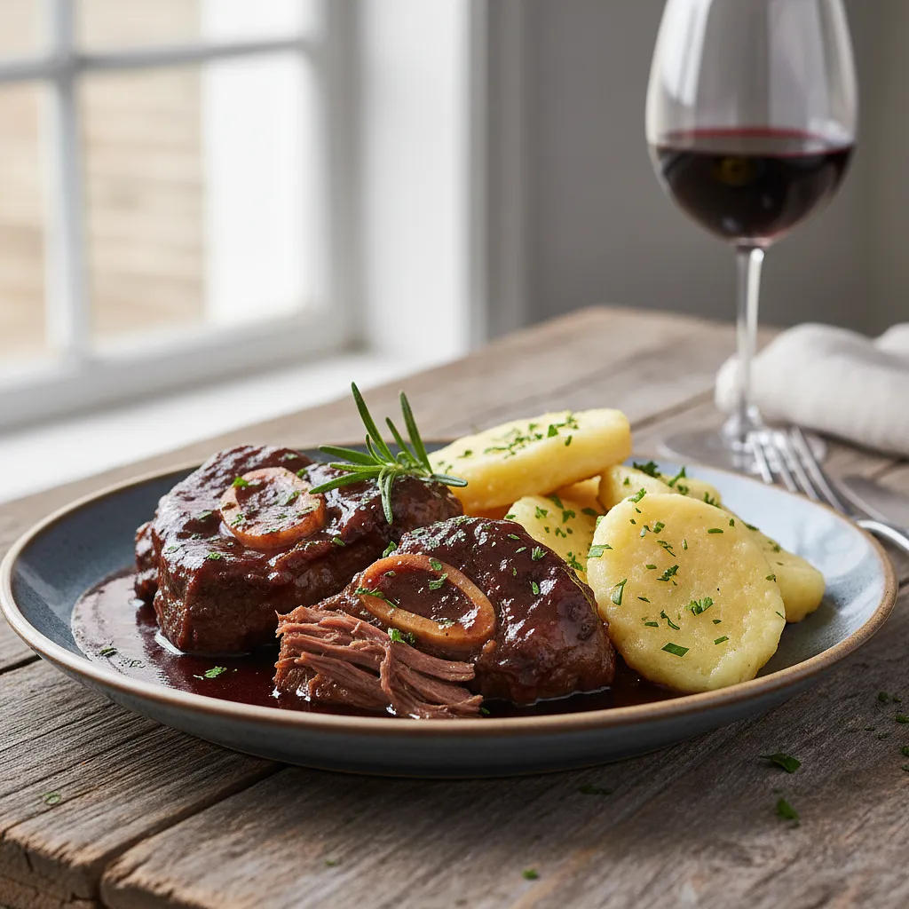 Wolno duszone policzki wołowe w czerwonym winie z knedlikami ziemniaczanymi - zdjęcie 1