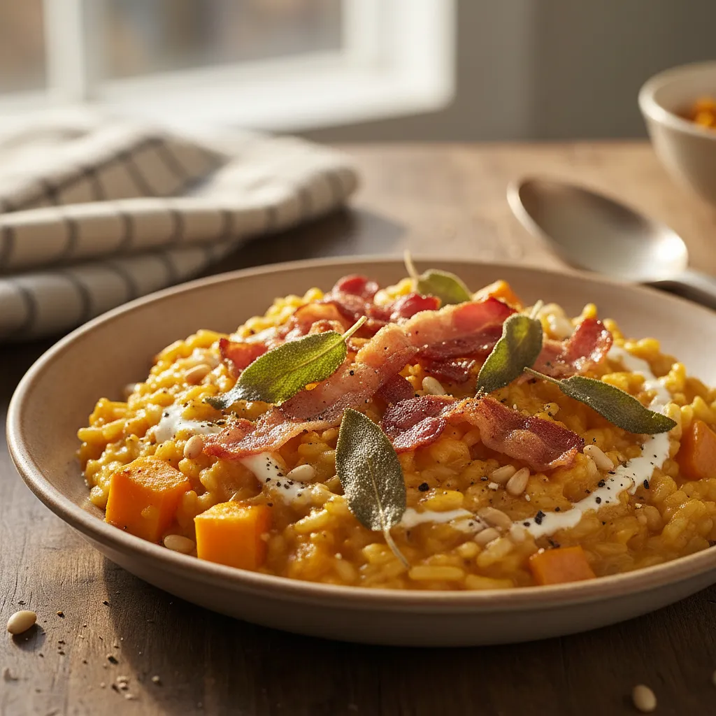 Kremowe risotto dyniowe z chrupiącym boczkiem i szałwią - photo 1