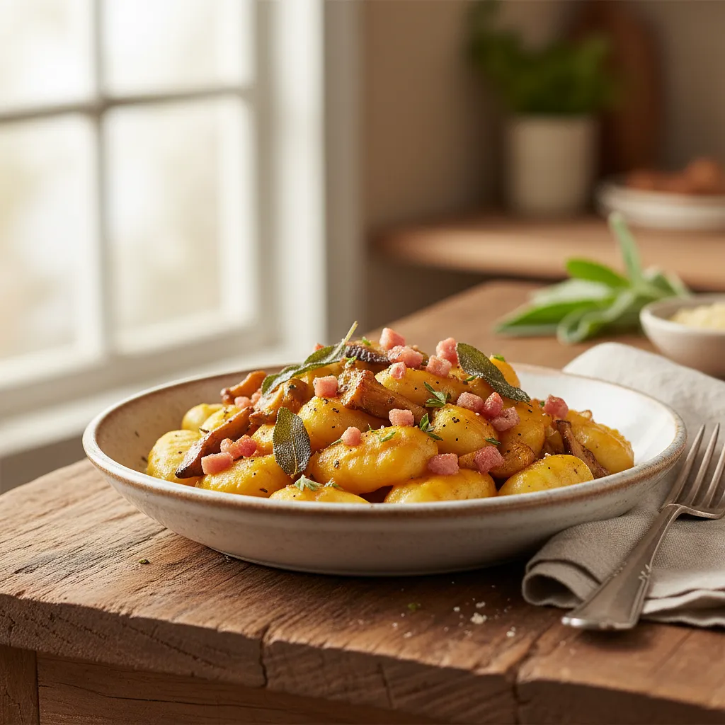 Kremowe Gnocchi z Sosem Dyniowo-Szałwiowym, Grzybami Leśnymi i Chrupiącą Pancettą - photo 1