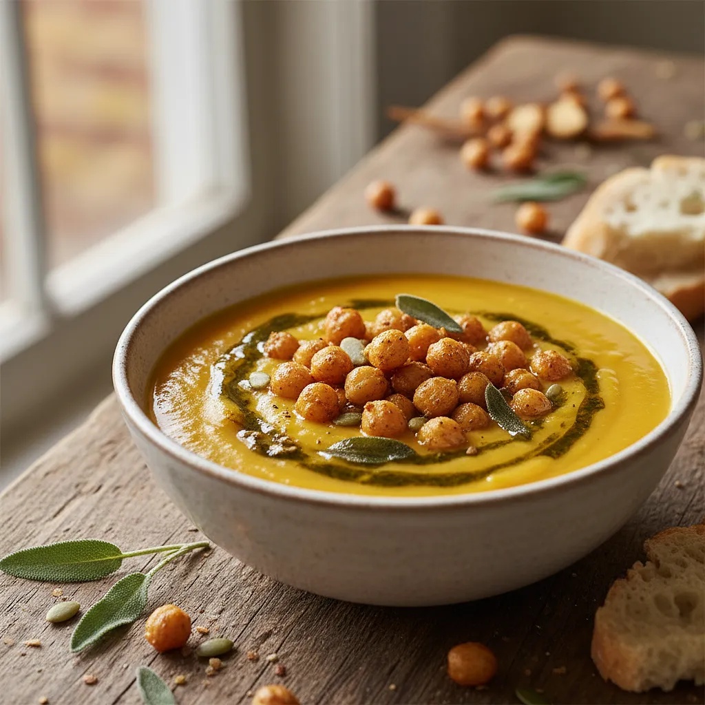 Krem z pieczonej dyni i marchewki z chrupiącą ciecierzycą i olejem szałwiowym - zdjęcie 1