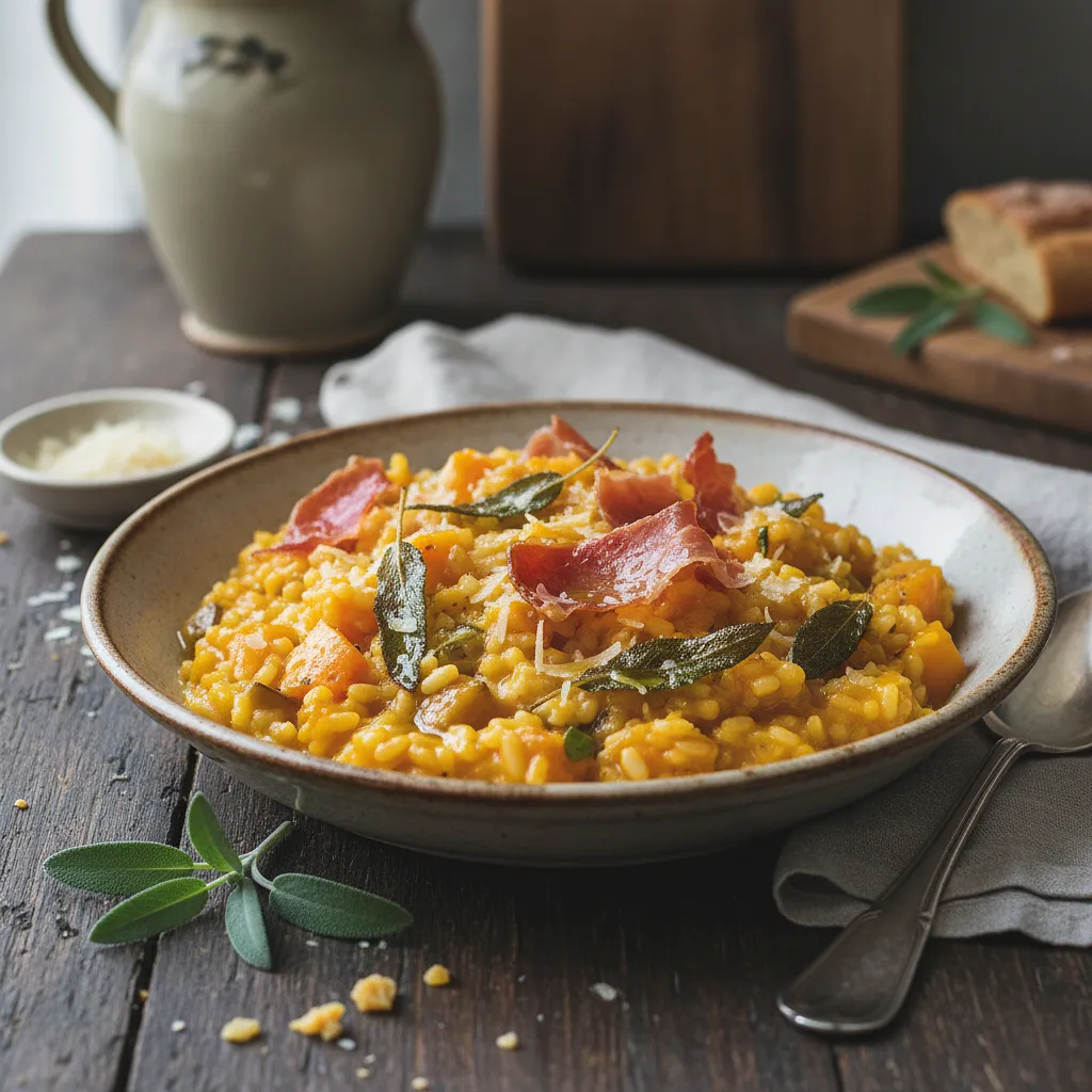 Przepis na: Kremowe Risotto z Dynią Piżmową, Szałwią i Chrupiącym Prosciutto - zdjęcie 1