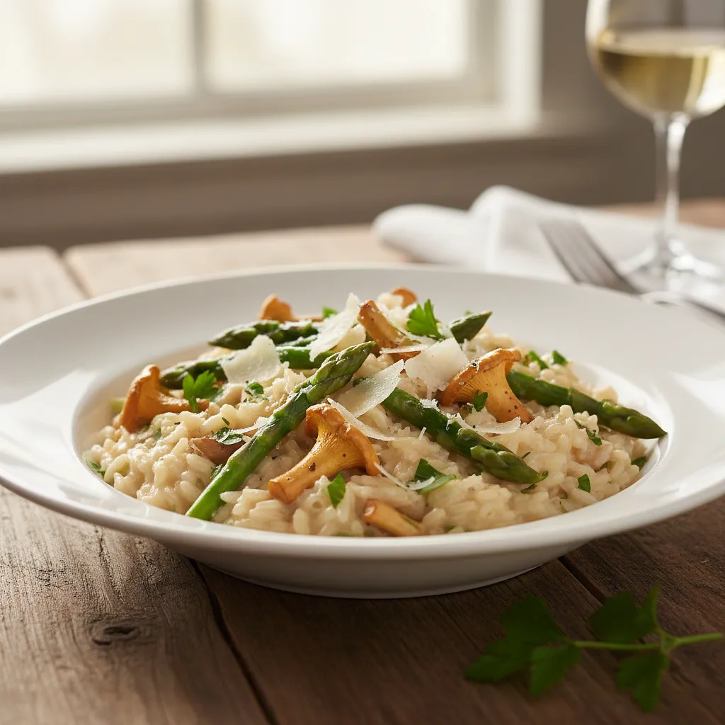 Creamy risotto with chanterelles, asparagus, and parmesan - photo 1