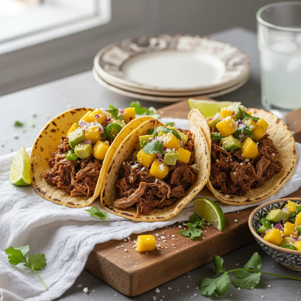 Tacos with Shredded Beef Barbacoa and Mango Avocado Salsa - photo 1