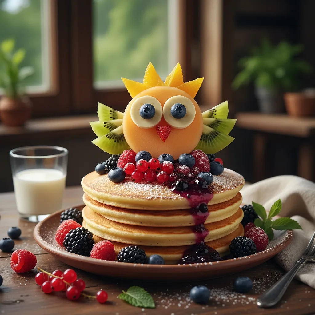 Recipe for: Forest Blueberry Pancakes with Owl Made of Fruit - photo 1