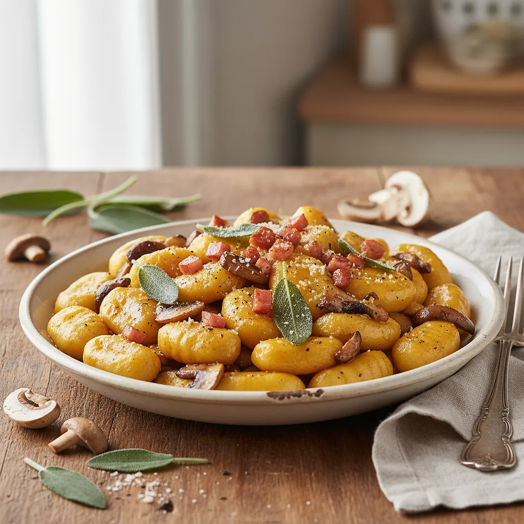 Recipe for: Kremowe Gnocchi Dyniowe z Szałwiowym Masłem, Grzybami Leśnymi i Chrupiącą Pancettą - photo 1