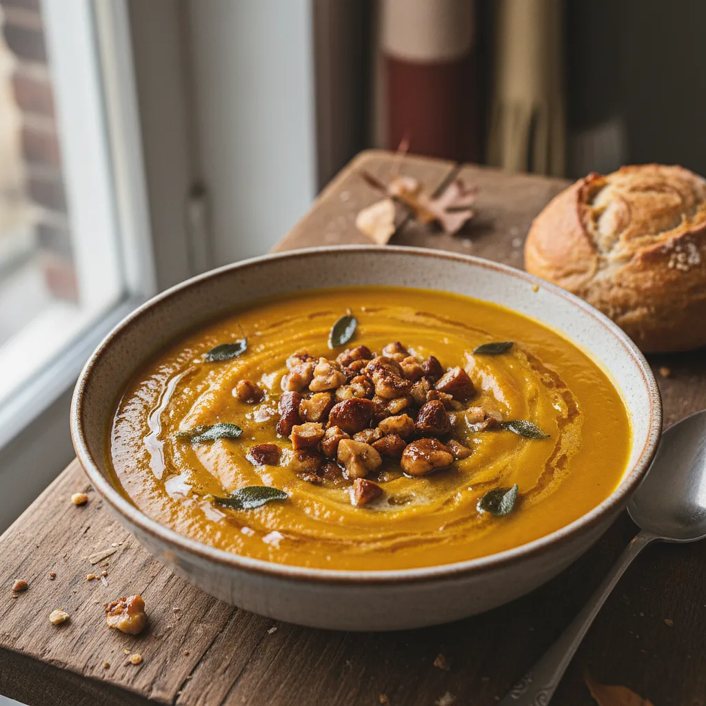 Kremowa zupa dyniowa z pieczonymi kasztanami i szałwiowym masłem - photo 1