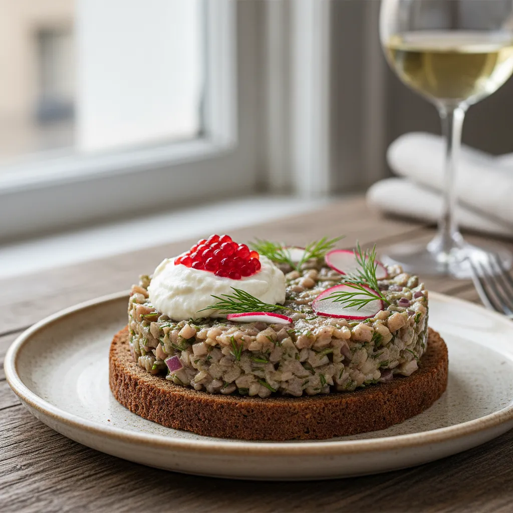 Tatar ze śledzia na pumperniklu z musem chrzanowym i kawiorem z buraka - photo 1