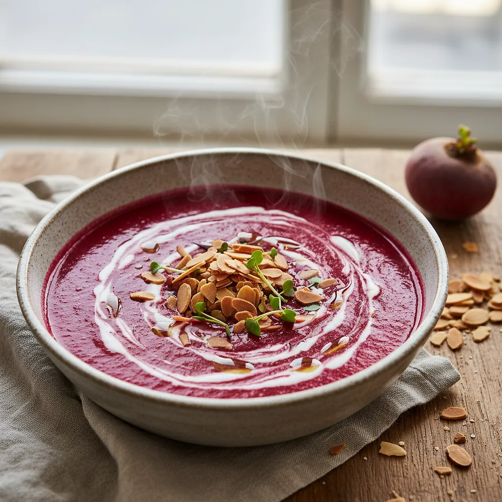 Aksamitny krem z pieczonego buraka z nutą kokosa i chrupiącymi migdałami - zdjęcie 1