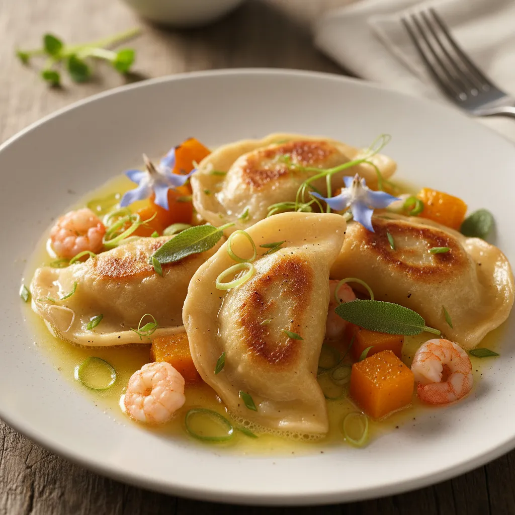 Pierogi Fusion z Dynią, Krewetkami i Trawą Cytrynową w Maśle Szałwiowym - zdjęcie 1