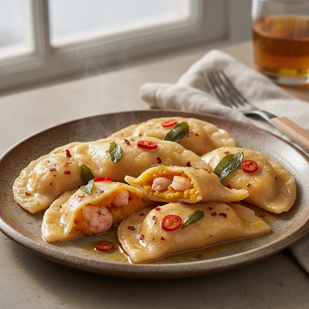 Pierogi Fusion z Dynią i Krewetkami w Maśle Szałwiowym z Nutą Chili - zdjęcie 1