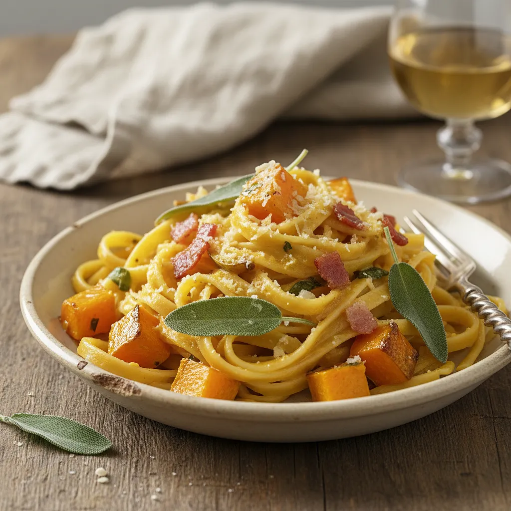 Recipe for: Tagliatelle with roasted pumpkin, sage, and crispy pancetta - photo 1