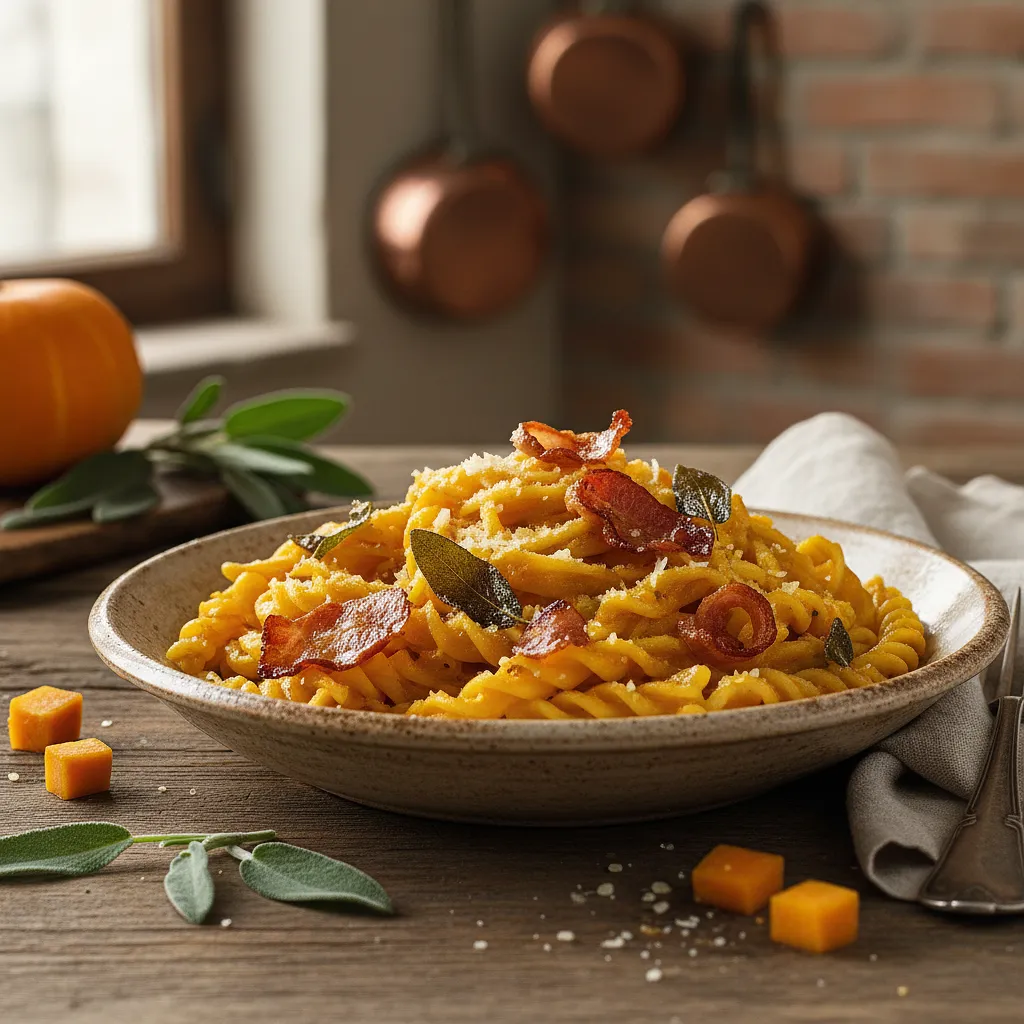 Tagliatelle with creamy pumpkin sauce, burnt sage, and crispy pancetta - photo 1