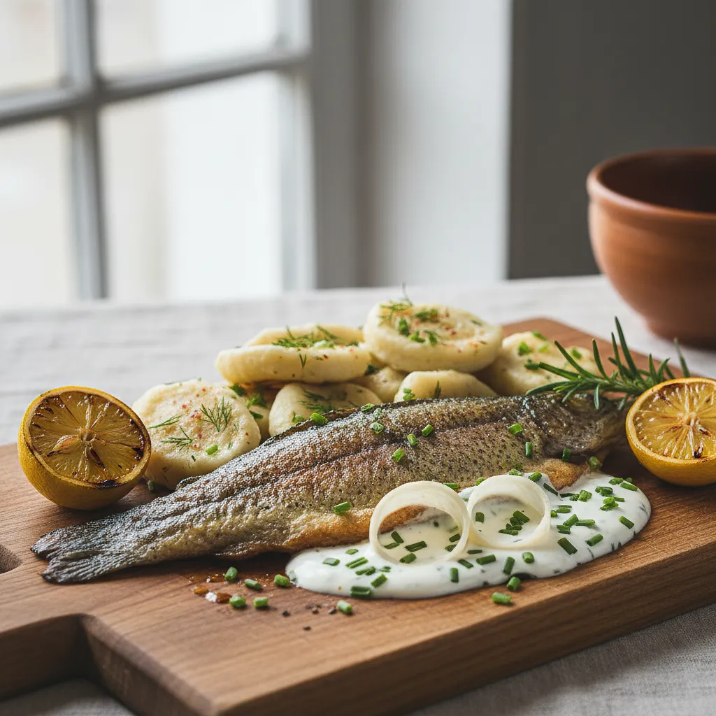 Pstrąg po podhalańsku z bryndzą, hałuskami i sosem chrzanowym - zdjęcie 1