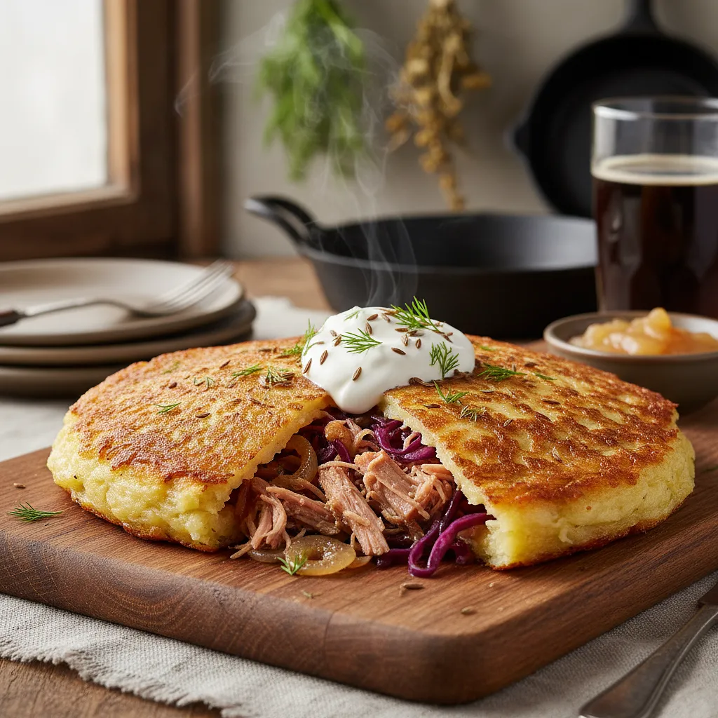 Recipe for: Potato Pancakes Stuffed with Smoked Meat and Cabbage - photo 1