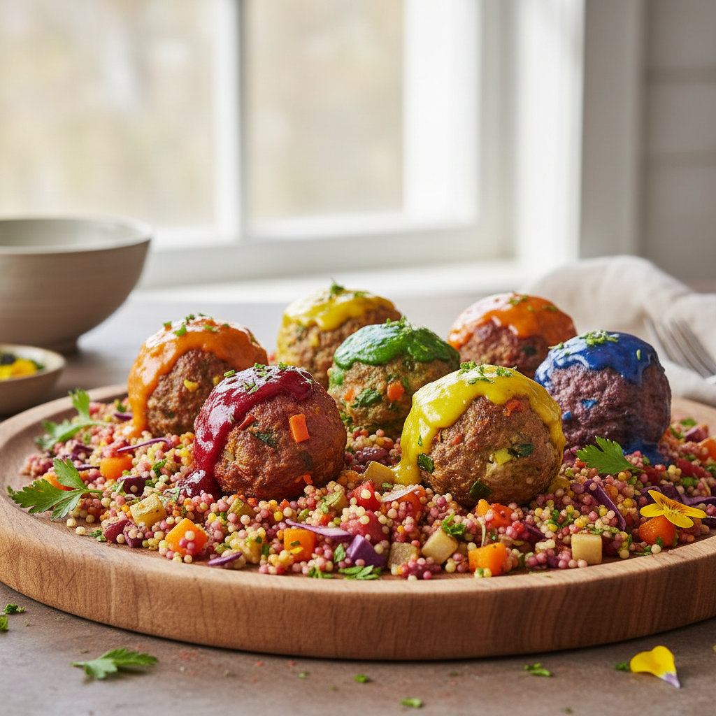 Rainbow Turkey Meatballs with Hidden Vegetables and Colorful Couscous - photo 1