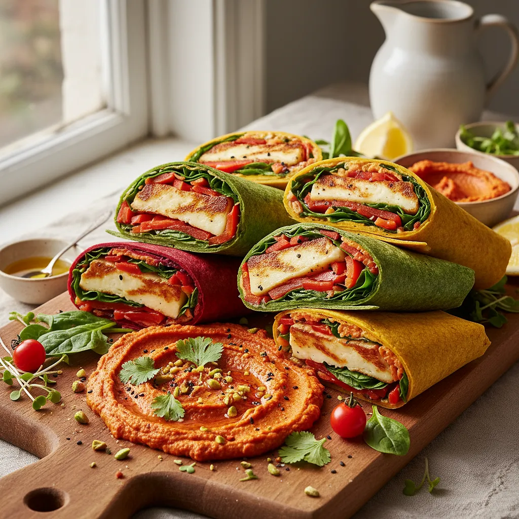 Recipe for: Colorful Wraps with Grilled Halloumi and Roasted Pepper Hummus - photo 1