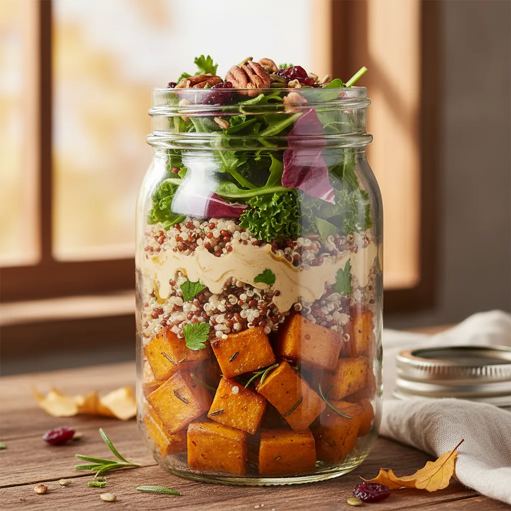Autumn Layered Salad in a Jar with Roasted Sweet Potato, Quinoa, and Tahini Dressing - photo 1