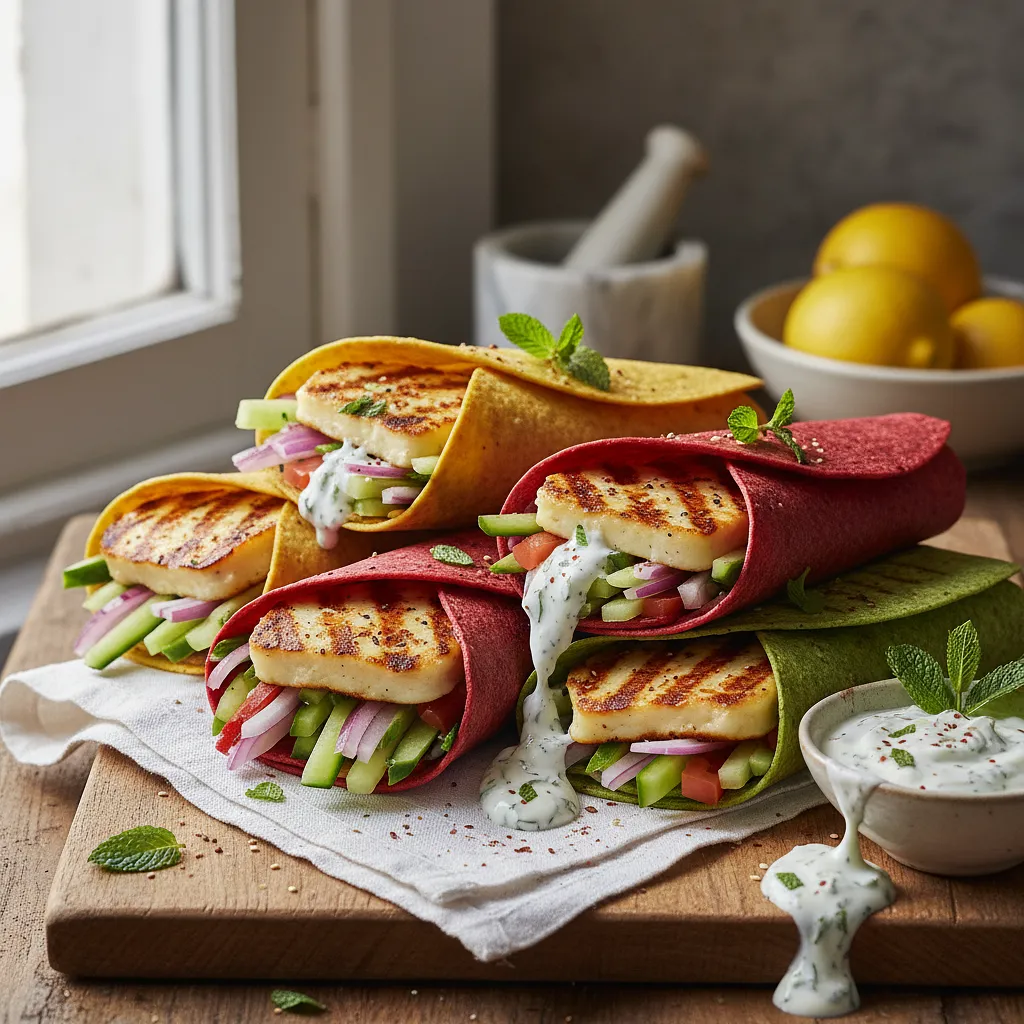 Przepis na: Kolorowe Wrapy z Grillowanym Halloumi i Sosem Miętowo-Jogurtowym - zdjęcie 1