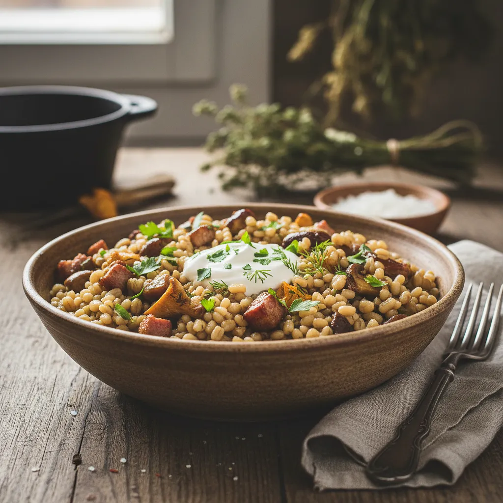 Przepis na: Kroupoto s houbami a uzeným masem (Czeskie risotto jęczmienne z grzybami i wędzonym boczkiem) - zdjęcie 1