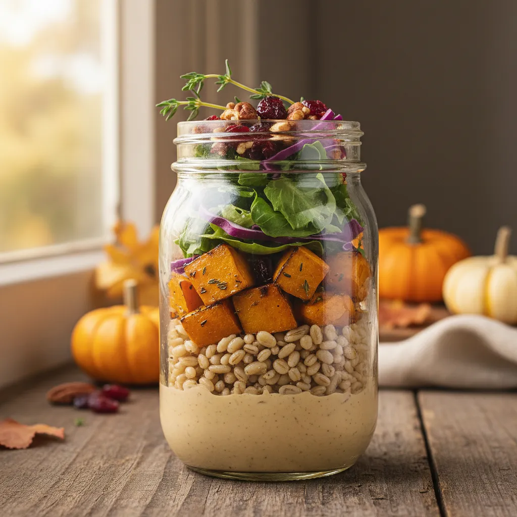 Recipe for: Autumn Jar Salad with Roasted Pumpkin, Spelt Groats, and Tahini Dressing - photo 1